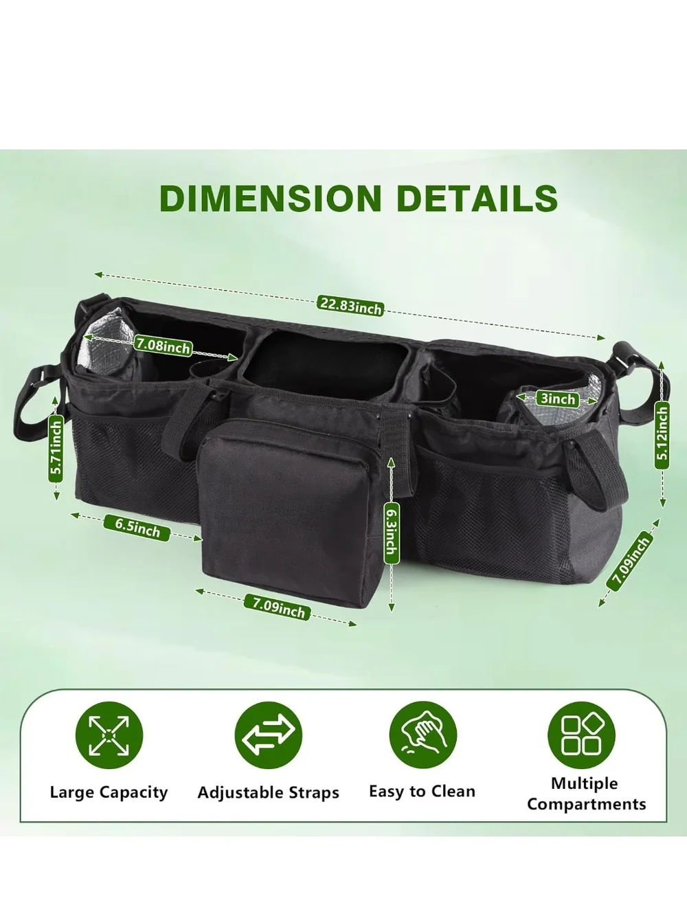 Black Twin Stroller Organizer Caddy - Universal Multi-Pocket Storage